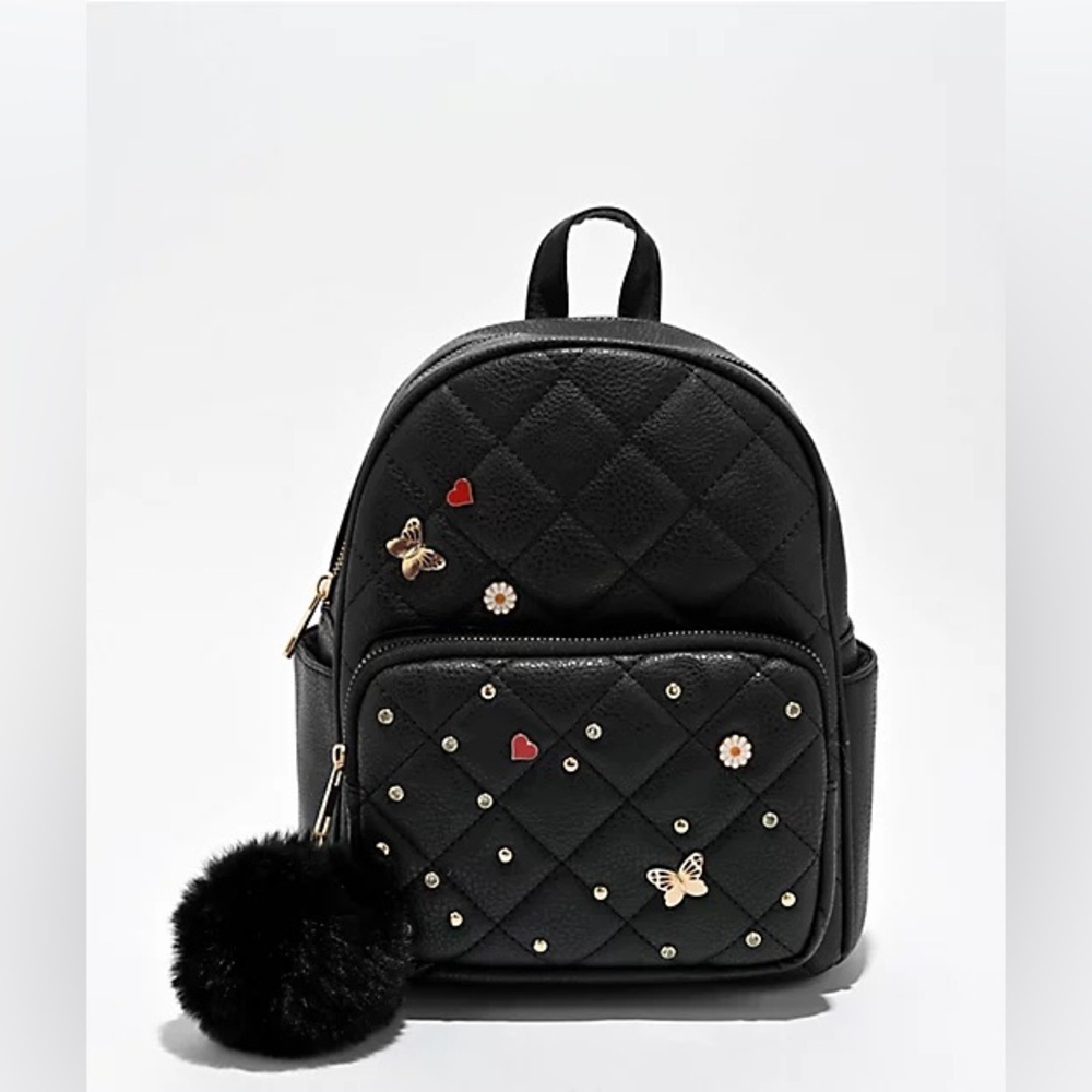 Under One Sky Black Quilted Backpack with Heart and Flower Accents